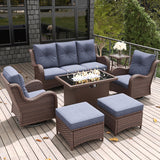 LayinSun 7 Pieces Outdoor Patio Furniture Set with Fire Pit Table, Rattan Wicker Sectional Swivel Rocker Chairs Sets with Ottomans, Swivel Glider Chairs and Coffee Table LayinSun