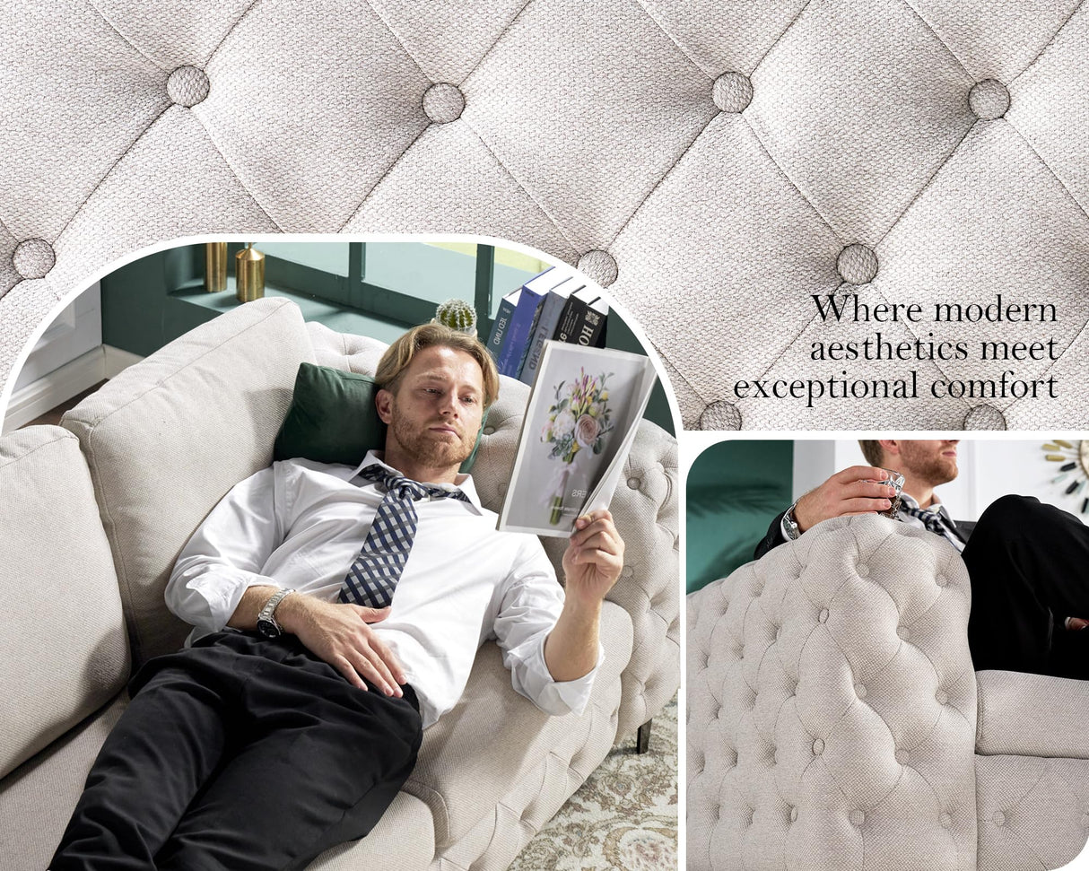 VanAcc Modern Sofa, 92 inch 3 Seater Sofa with Stylish Thick Armrest, Upholstered Button Tufted Couch for Living Room, Apartment, Linen Beige Oversized Couch VanAcc