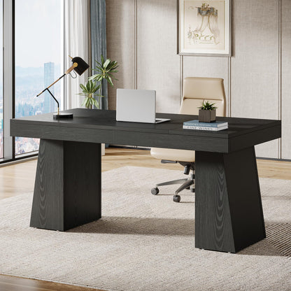 Tribesigns 55 Inches Executive Desk, Mid-Century Modern Home Office Desk with Double Trapezoid Base, Wood Computer Desk Business Workstation Desk Small Conference Table, Black