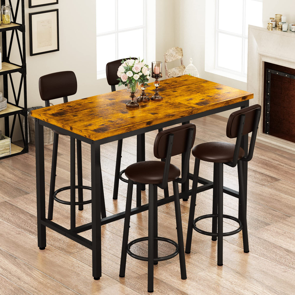 Lamerge Rustic Brown Industrial Dining Table Set for 4 with PU Upholstered Stools Lamerge