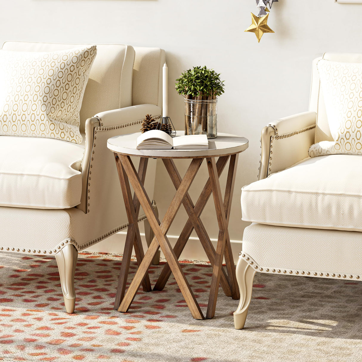 LONYKE Round End Table, Distressed White Top with 4-Legs Base Beside Table for Modern Farmhouse, Boho Decor, White and Natural LONYKE