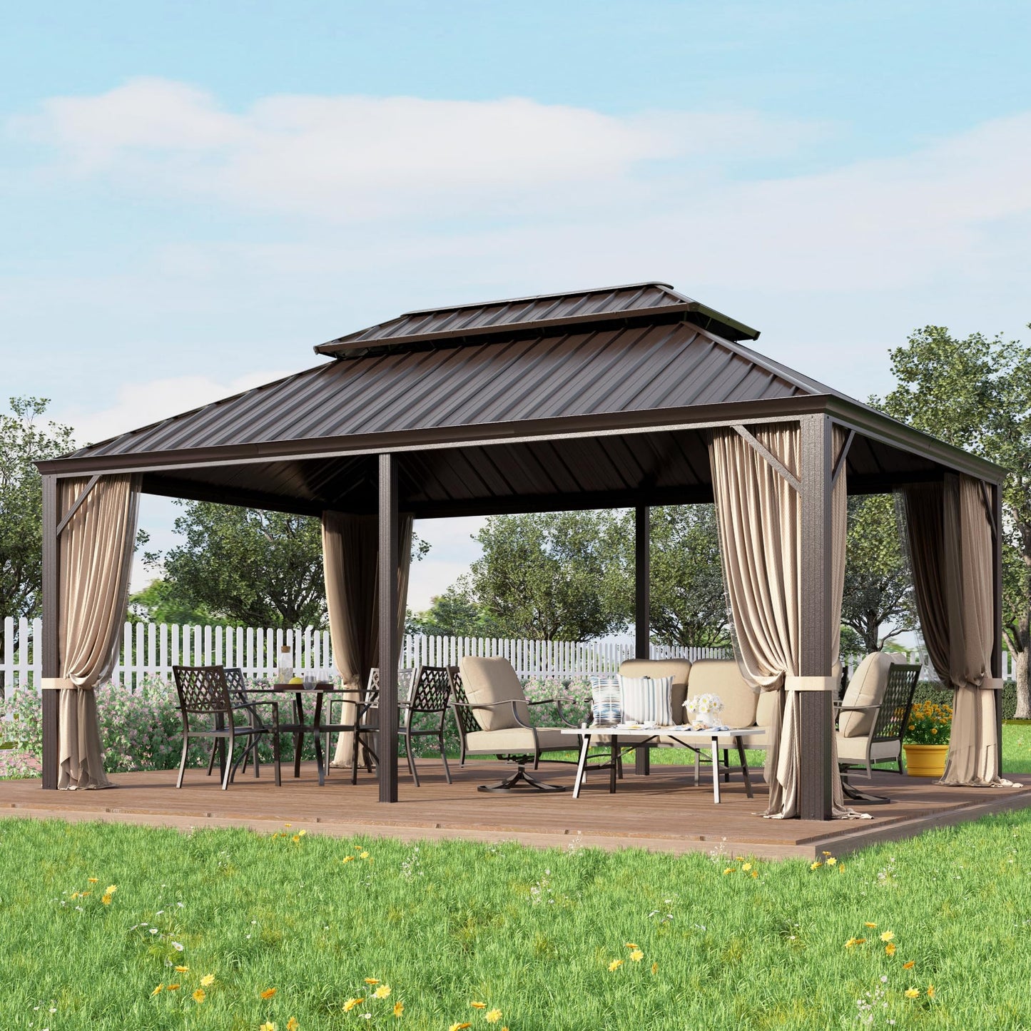 GREEN PARTY 12 X 18ft Hardtop Gazebo with Nettings and Curtains, Heavy Duty Double Roof Galvanized Steel, Outdoor Aluminum Gazebos Pergolas for Patios, Backyard, Deck, Garden, Lawns - WoodArtSupply