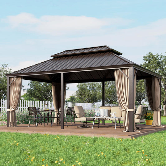 GREEN PARTY 12 X 18ft Hardtop Gazebo with Nettings and Curtains, Heavy Duty Double Roof Galvanized Steel, Outdoor Aluminum Gazebos Pergolas for Patios, Backyard, Deck, Garden, Lawns - WoodArtSupply