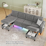 Sectional Couches for Living Room, 6-Seats Soft Linen Fabric Sectional Sofa with Storage Ottoman, Modern Convertible U/L Shaped Couch with Smart Charging Module/LED Light/Music Sync (Light Grey) BULAIMEIKEEY
