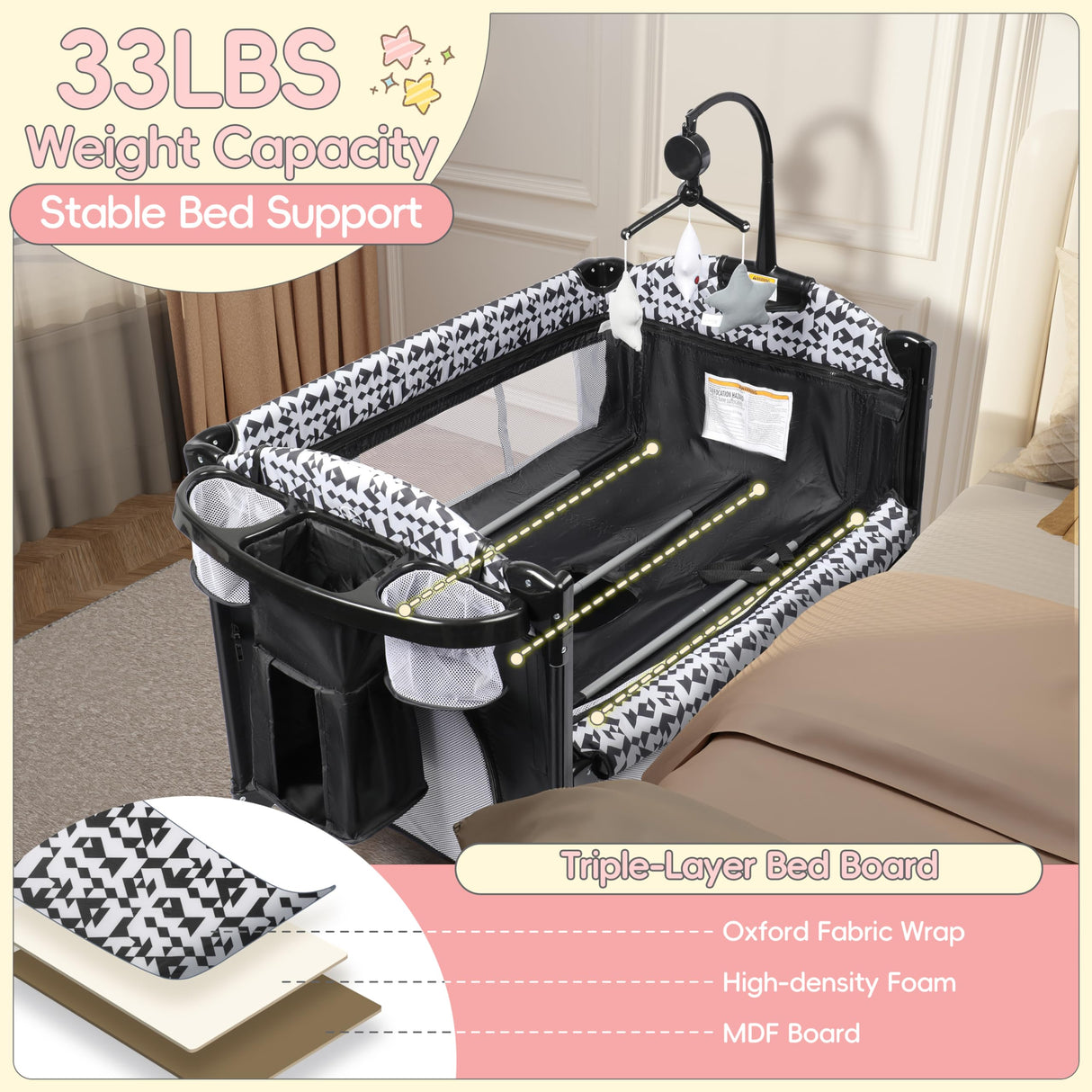 Xilingol 5-in-1 Baby Bassinet Bedside Sleeper, Baby Pack and Play with Changing Table, Portable Baby Crib with Carry Bag, Cosleeper Bassinet Attach to Bed for Newborn to Toddlers Xilingol