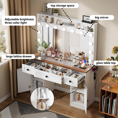 FURNJOYLIFE White Farmhouse Vanity Desk with Lighted Mirror & Charging Station, Makeup Vanity Dresser Table with 3 Lighting Modes Brightness Adjustable,Drawers,Shelves,Hair Dryer Stand for Be - WoodArtSupply