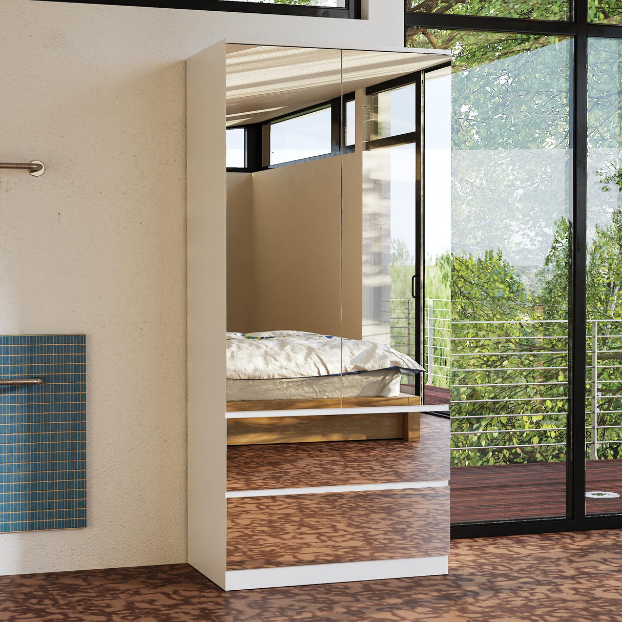 WOODTIME Wardrobe Closet with All Mirror, Wooden Armoire with 2 Doors, 2 Drawers & Hanging Rod, Clothes Storage Cabinet Organizer for Bedroom Apartment, White WOODTIME