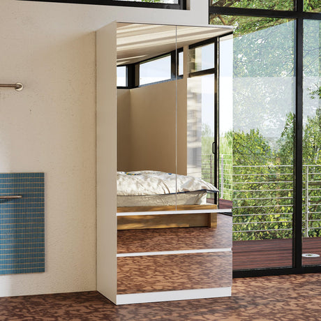 WOODTIME Wardrobe Closet with All Mirror, Wooden Armoire with 2 Doors, 2 Drawers & Hanging Rod, Clothes Storage Cabinet Organizer for Bedroom Apartment, White WOODTIME