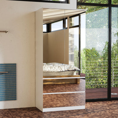 WOODTIME Wardrobe Closet with All Mirror, Wooden Armoire with 2 Doors, 2 Drawers & Hanging Rod, Clothes Storage Cabinet Organizer for Bedroom Apartment, White