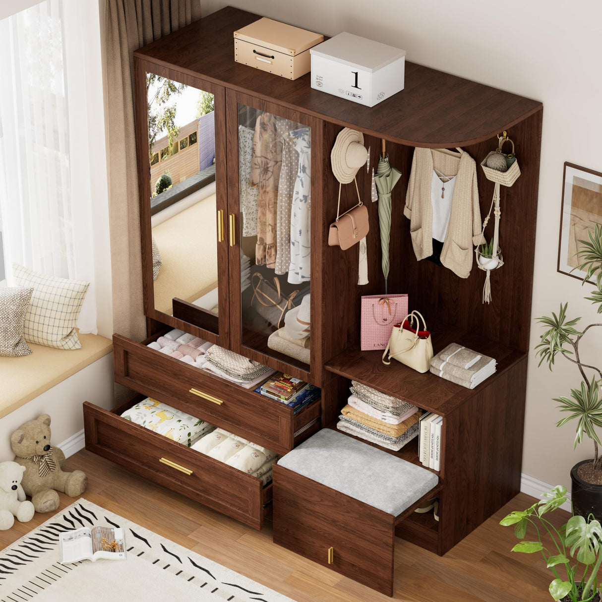 PAKASEPT 2 Doors Armoire Wardrobe Closet with Mirror,71'' Tall Freestanding Wooden Wardrobe Closet Farmhouse Storage Cabinet for Bedroom with Hanging Rod,Clothes Hook,Drawers,Hidden Bench,Retro Brown PAKASEPT