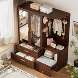 PAKASEPT 2 Doors Armoire Wardrobe Closet with Mirror,71'' Tall Freestanding Wooden Wardrobe Closet Farmhouse Storage Cabinet for Bedroom with Hanging Rod,Clothes Hook,Drawers,Hidden Bench,Retro Brown PAKASEPT