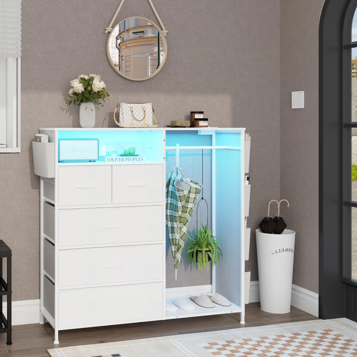 Espelism Dresser for Bedroom with Clothes Rack & Side Pockets White 5 Drawers Dresser with Charging Station & LED Lights Sturdy Steel Frame Wood Top Organizer Unit for Nursery Hallway Closet Espelism