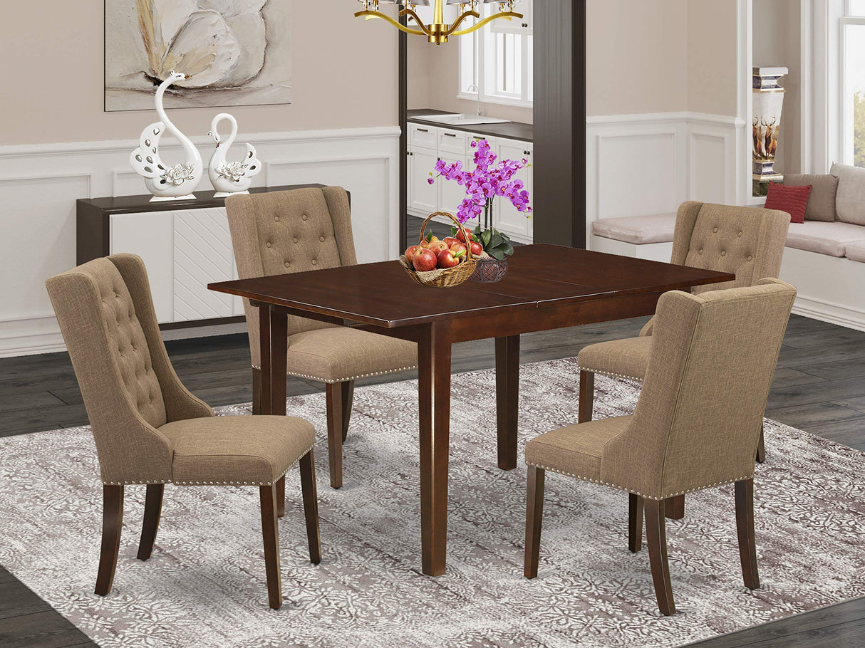 East West Furniture Milan 5 Piece Dinette Set Includes a Rectangle Dining Room Table with Butterfly Leaf and 4 Light Sable Linen Fabric Upholstered Chairs, 36x54 Inch, MLFO5-MAH-47 East West Furniture