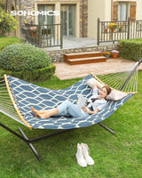 SONGMICS Hammock, Quilted Hammock with Curved Bamboo Spreaders, Pillow, 78.7 x 55.1 Inches, Portable Padded Hammock Holds up to 495 lb, Blue and Beige Rhombus UGDC034I02 SONGMICS
