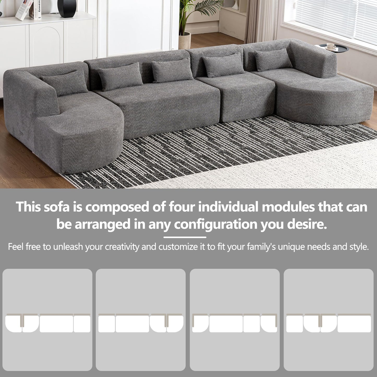 P PURLOVE Modular Sectional Sofa, 4 Free Combined Sofa Couch, Boucle Fabric Modern Upholstered Sofa with 2 Chaise Lounge and 5 Back Pillows for Living Room, Office, Apartment (Light Gray)