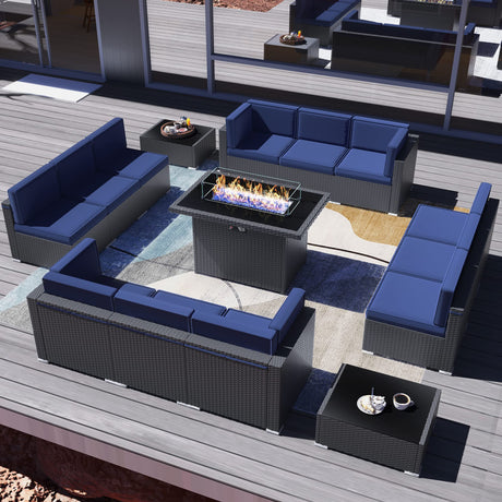 Vakollia 15 Pieces Patio Furniture Set with 44" Propane Gas Fire Pit Table, Outdoor Sectional Wicker Conversation Sofa Sets with Coffee Table Vakollia