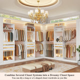 Closet System, 4-8FT Closet Organizer with 3 Wood Drawers & Glass Top, 102'' Walk in Closet with 5 Hang Rods & LED Lights & Trouser Rack, Built-in Wardrobe Clothes Rack with Shelves and Tower, White HUAHUU