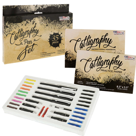 U.S. Art Supply 35-Piece Calligraphy Pen Set - 4 Pens, 5 Nibs, 22 Inks, Includes Calligraphy Pens for Writing, Beginners Handbook & Practice Paper Pad U.S. Art Supply