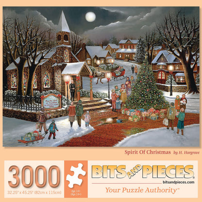 Bits and Pieces - 3000 Piece Jigsaw Puzzle for Adults 32-1/2" x 45-1/4" – Spirit of Christmas - 3000 pc Holiday Snow Chapel Christmas Tree Town Jigsaw by Artist H. Hargrove