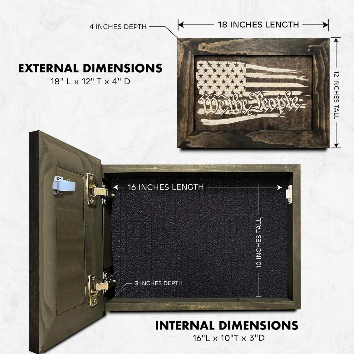 We The People Patriotic Gun Concealment Furniture - Handcrafted Hidden Gun Storage Wall Decor - Hidden Gun Shelf with Magnetic Lock for Quick Access - by Bellewood Designs (Black and White) Bellewood Designs