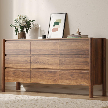 CHUWELL Walnut Dresser for Bedroom, 63" Wide Mid Century Modern Chest of Drawers with 9 Large Storage Space and 4 Solid Wood Cylindrical Legs, 9 Drawer Large Dresser for Bedroom(Walnut) CHUWELL