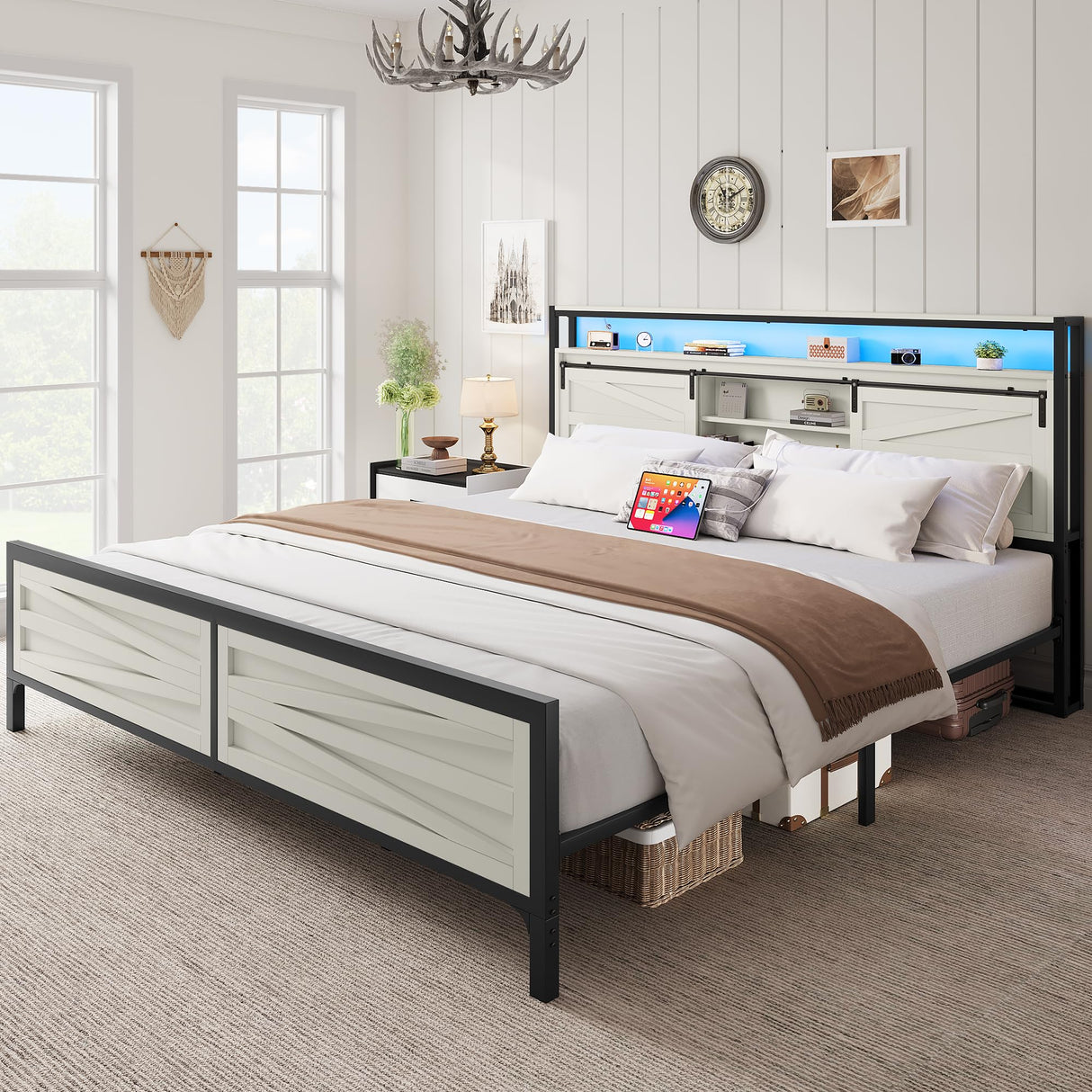 DWVO Farmhouse King Bed Frame with Headboard, Platform Bed with LED Lights and Charging Station, Sliding Barn Door, Solid Metal Slats, No Box Spring Needed (White) DWVO