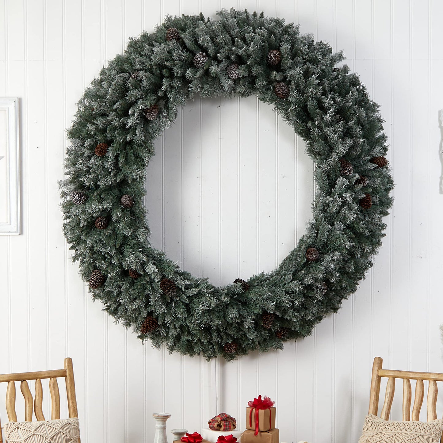 Nearly Natural 6ft. Giant Flocked Christmas Artificial Wreath with Pinecones, 600 Clear LED Lights and 1000 Bendable Branches