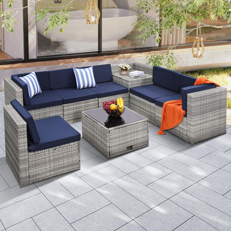 KROFEM 8 Pieces Outdoor Wicker Rattan Patio Furniture Sectional Set, Glass Top Table with Hidden Storage, 7 Sofa Sections, Oversized Cushions, Grey Color Rattan with Blue Cushion KROFEM