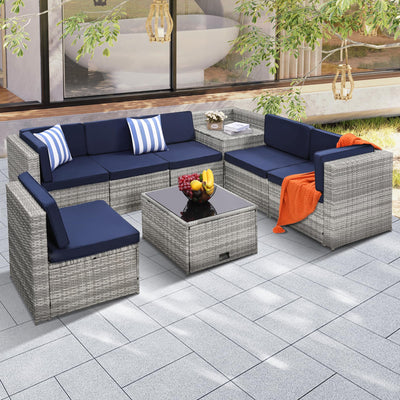 KROFEM 8 Pieces Outdoor Wicker Rattan Patio Furniture Sectional Set, Glass Top Table with Hidden Storage, 7 Sofa Sections, Oversized Cushions, Grey Color Rattan with Blue Cushion