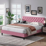 King Size Platform Bed Frame, Fabric Upholstered Bed with Button Tufted Headboard, Adjustable Headboard Design, Easy Assembly, No Box Spring Required, Pink BarnFurin