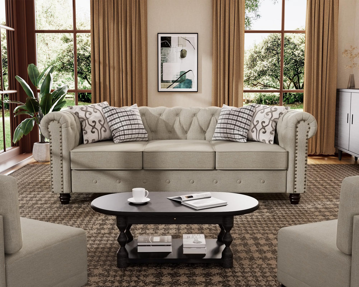Morden Fort Classic Chesterfield Sofa Set 82'', Tufted Sofa Couch Set with Solid Wood Legs Thick Cushion, Pet-Friendly 3-Seater Sofas Couches for Living Room Bedroom Apartment - Linen Beige Morden Fort