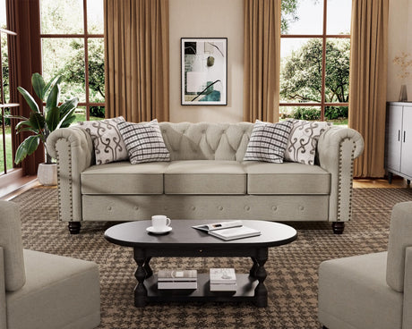 Morden Fort Classic Chesterfield Sofa Set 82'', Tufted Sofa Couch Set with Solid Wood Legs Thick Cushion, Pet-Friendly 3-Seater Sofas Couches for Living Room Bedroom Apartment - Linen Beige Morden Fort