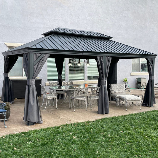 PURPLE LEAF 12' X 18' Permanent Hardtop Gazebo Aluminum Gazebo with Galvanized Steel Double Roof for Patio Lawn and Garden, Curtains and Netting Included, Grey - WoodArtSupply