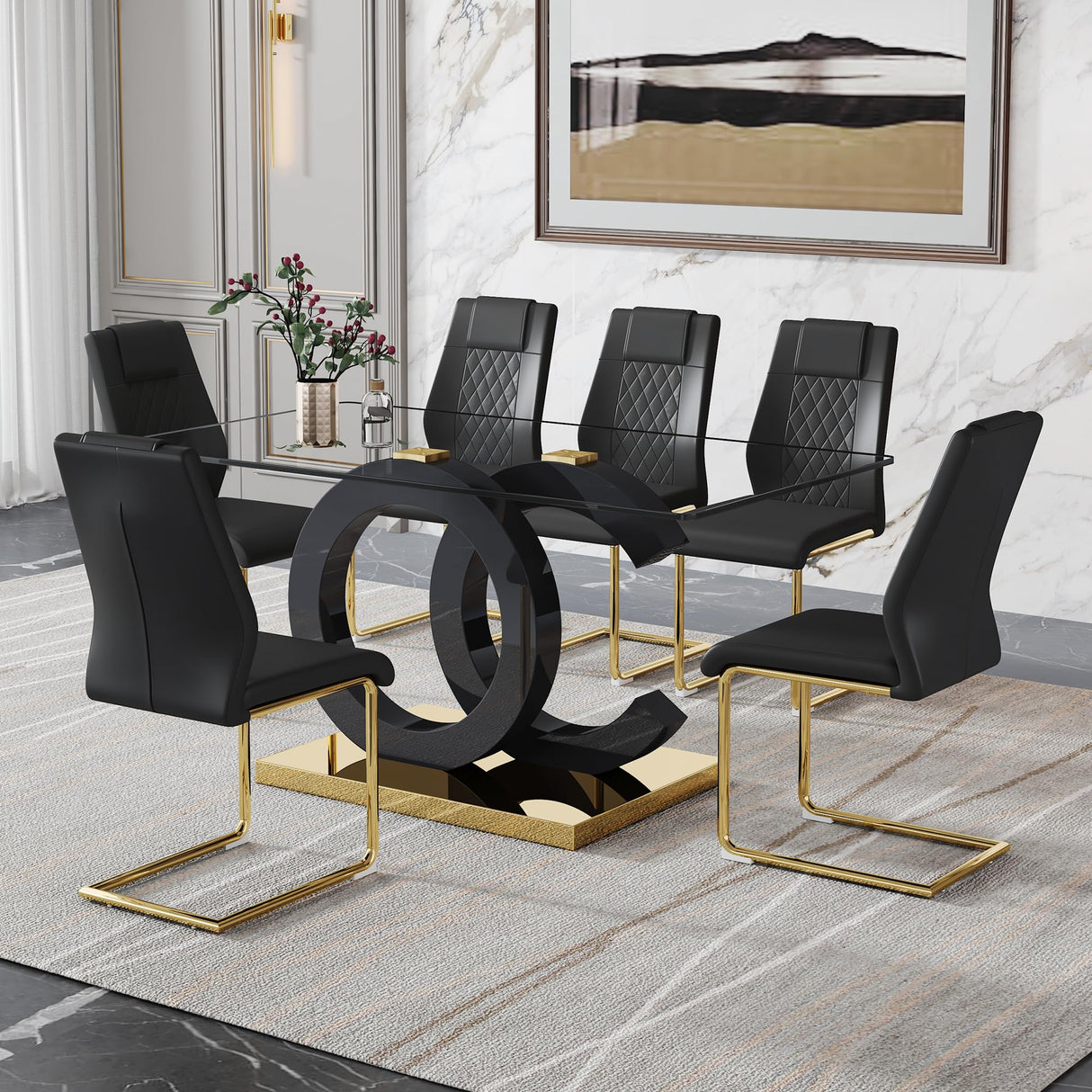 Ebullient Modern Dining Table Set for 6 ，7 Piece Dining Table Chairs Set for 6,Glass Table Top and Gold Base，Rectangular Dining Room Table with 6 Black PU Leather Upholstered Dining Chairs for Kitchen Ebullient