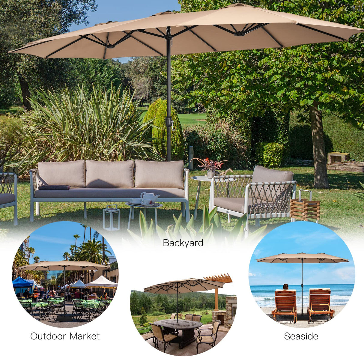 Tangkula 15FT Double-Sided Patio Umbrella with Base, Extra-Large Market Umbrella W/Crank System, Outdoor Twin Umbrella W/ 12-Rib Metal Structure & Air Vents for Garden, Backyard, Poolside (Brown) Tangkula