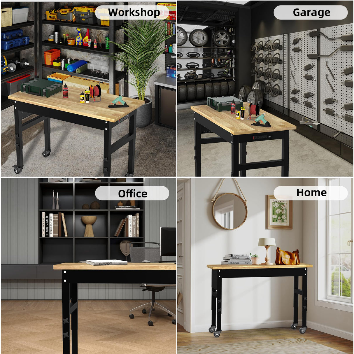 NBGV 48" Solid Wood Work Bench, Adjustable Hight Workbench with Wheels, Heavy-Duty Worktable with Pegboard, Power Outlets, Workstation for Garage, Workshop, Office NBGV