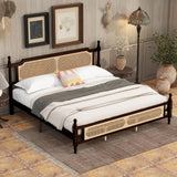 DNChuan King Size Platform Bed with Retro Style Rattan Headboard and Footboard,4-Post Wood Bed Frame with Central Enhanced,No Box Spring Needed, Espresso DNChuan