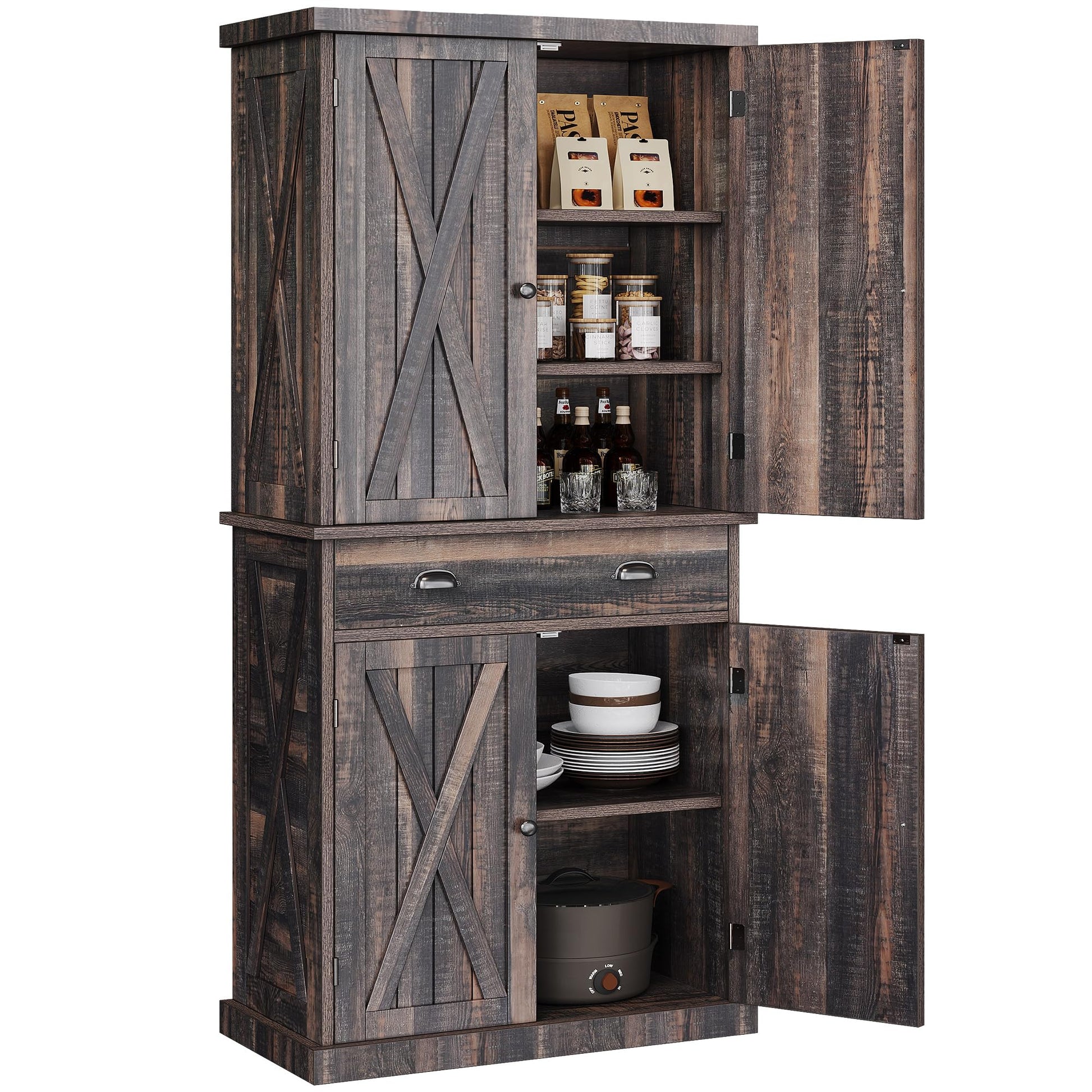 YITAHOME 72'' Farmhouse Kitchen Pantry, Wood Kitchen Storage Cabinets with Drawer and Adjustable Shelves, Kitchen Versatile Storage for Kitchen, Dining Room, Living Room, Dark Rustic Oak - WoodArtSupply