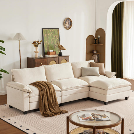 SUAWY 114 Inch Modular Couch Sectionals with Ottoman, Big Comfy Cloud Couches, L Shaped 4 Seat Modular Sectional Sofa, Modern Cloud Sectional Couches for Living Room, Deep Seat Sofa, Beige SUAWY