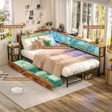 eMAIDE Corner Bed Frame with Storage Bookcase & Bedside Rack, Twin Size Metal Platform Bed Frame w/Drawers, Twin Daybed with Led Lights & Charging Station for Living Room, Bedroom & Guest Room, Brown eMAIDE