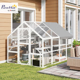 PawHut Large Catio Outdoor Cat Enclosure for Multiple Kittens, Wooden Cat House with Waterproof Cover, Walk in Kitty Cage Kennel with 2 Condos, 6 Platforms, Bridge, Doors, 110" x 73" x 74", White PawHut