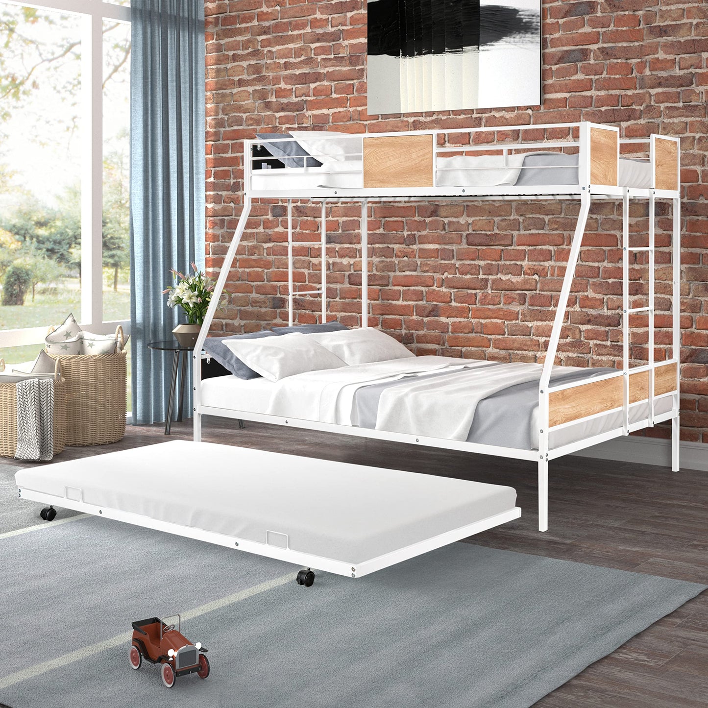 YOPTO Twin Over Full Bunk Bed with Trundle,Heavy-Duty Sturdy Metal,Noise Reduced,Safety Guardrail,Wooden Decoration,Convenient-Trundle,Bunk-Bed for Three,CPC Certified,No Box Spring Needed,White