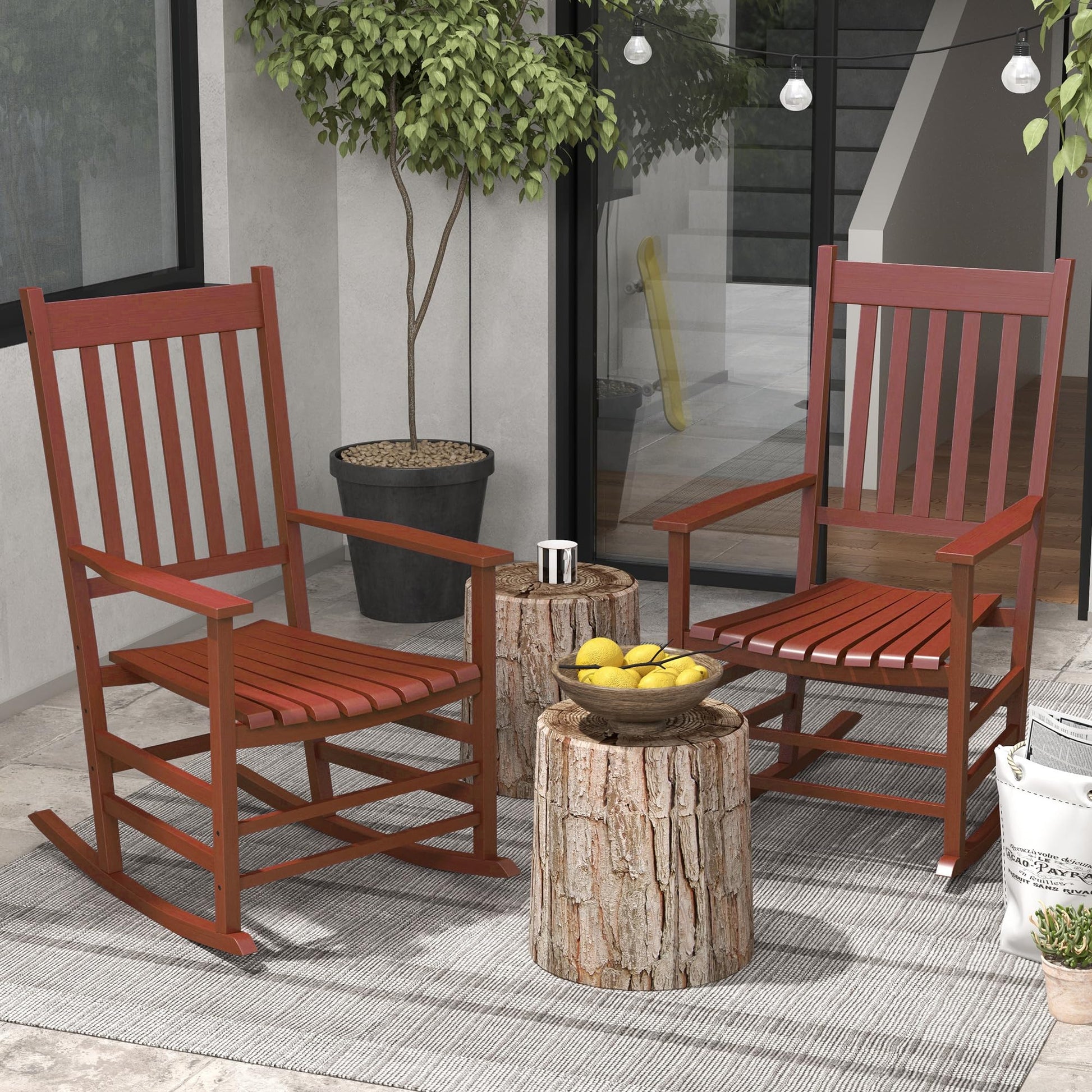 Outsunny Wooden Rocking Chair Set of 2, Outdoor Rocker Chairs with Curved Armrests, High Back & Slatted Seat for Garden, Balcony, Porch, Supports Up to 352 lbs., Wine Red - WoodArtSupply