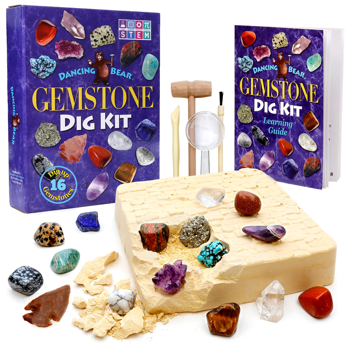 DANCING BEAR Gem stone Dig Kit, Excavate 16 Real Gems & Crystals including Arrowheads, Quartz Point and Amethyst, STEM Education for Kids, Fun Rock Mining Science Activity Gift Sets for Girls and Boys DANCING BEAR