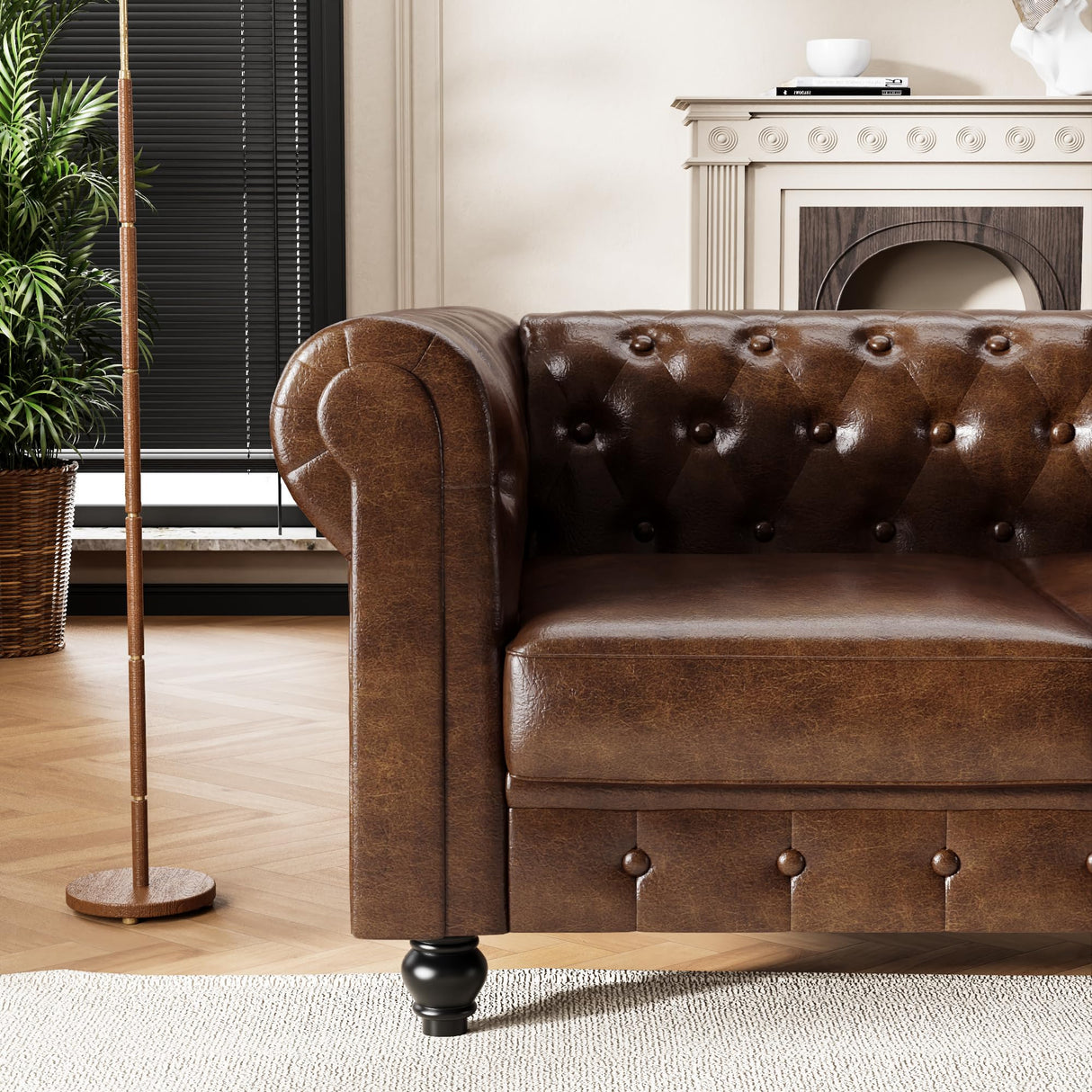 DOOSOODAA Chesterfield PU Leather Couch 3 Seater Sofa, 89" Modern Luxurious Large Button-Tufted Sofa Couch, Home Upholstered Deep Seat Sofa for Living Room Furniture Brown DOOSOODAA