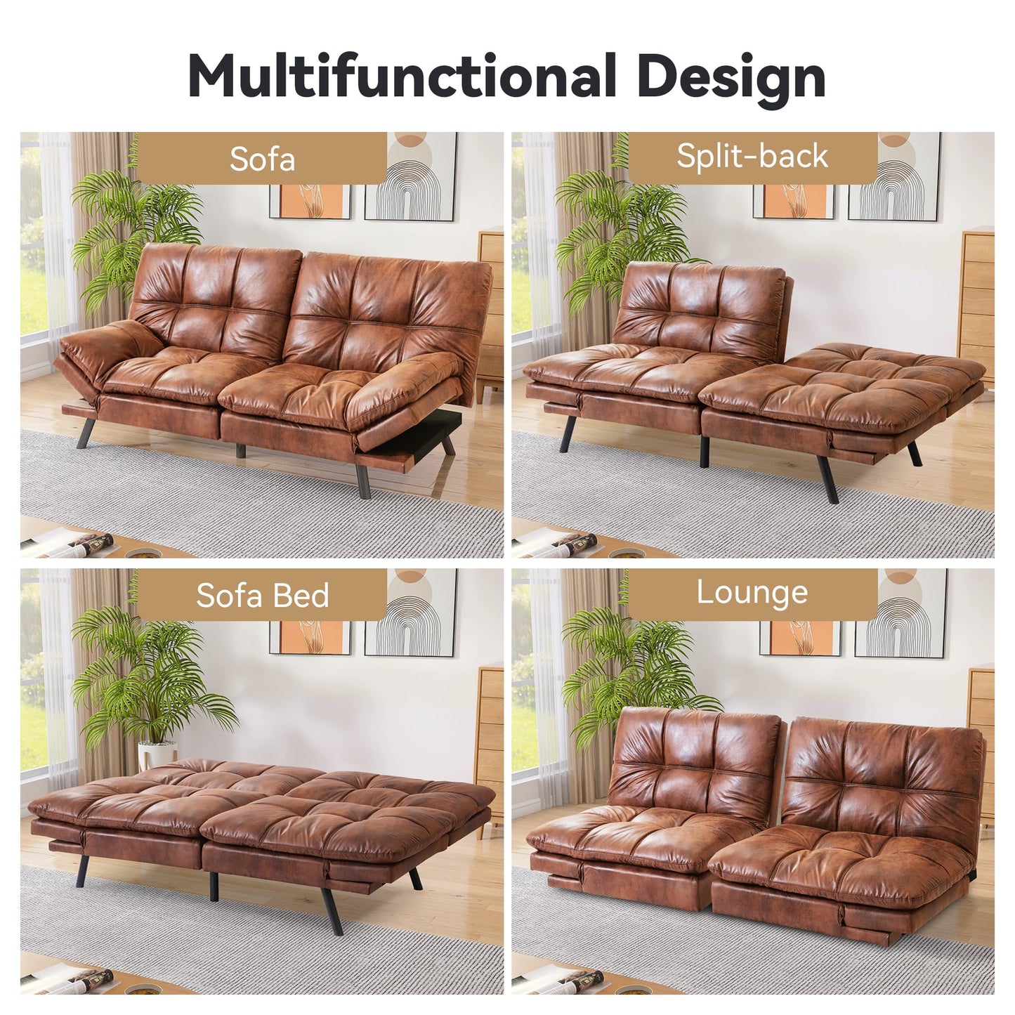 AMICLIBER Memory Foam Faux Leather Futon Sofa Bed Couch,Convertible Futon Sofa Couch,Loveseat Sleeper Sofa Bed,Small Splitback Modern Sofa Bed for Living Room,Office,Apartment,Brown