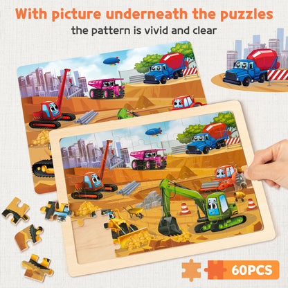 SYNARRY Wooden Vehicle Puzzles for Kids Ages 4-6, 6 Packs 60 PCs Jigsaw Puzzles Preschool Educational Toys Gifts for Children Ages 4-8, Kids Puzzles for 4+ Year Olds Boys Girls, Wood Puzzles Ages 3-10