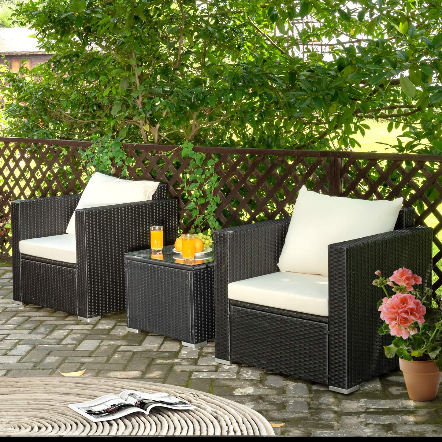 Tangkula 3 Pieces Patio Furniture Set, PE Rattan Wicker Sofa Set w/Washable Cushion and Tempered Glass Tabletop, Outdoor Conversation Furniture for Garden Poolside - WoodArtSupply