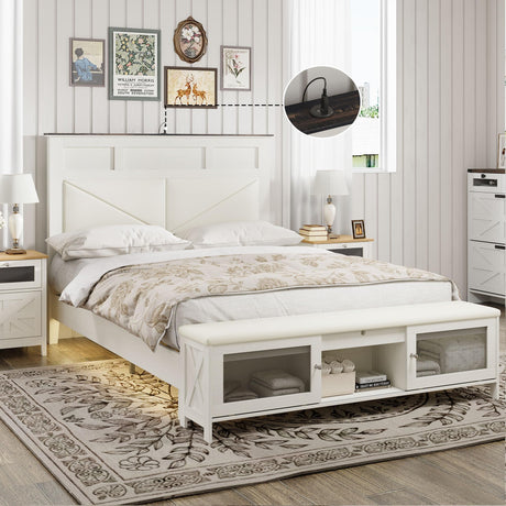 Halitaa Farmhouse Full Bed Frame with Storage, Full Size Bed Frame with 51" Tall Headboard & Charging Station,Wood Platform Bedframe with Led Lights & Storage Bench, No Box Spring Needed,White Halitaa