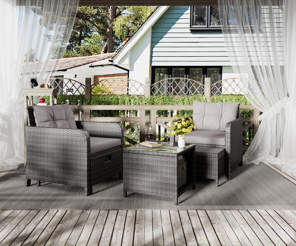LHBcraft Balcony Furniture 5 Piece Patio Conversation Set, PE Wicker Rattan Outdoor Lounge Chairs with Soft Cushions 2 Ottoman&Glass Table for Porch, Lawn-Grey Wicker (Grey-Grey) LHBcraft